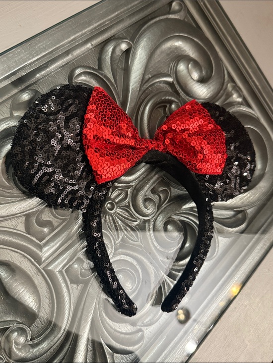 Disney Accessories - Disney Black Sequin Minnie Ears Headband with Red Bow